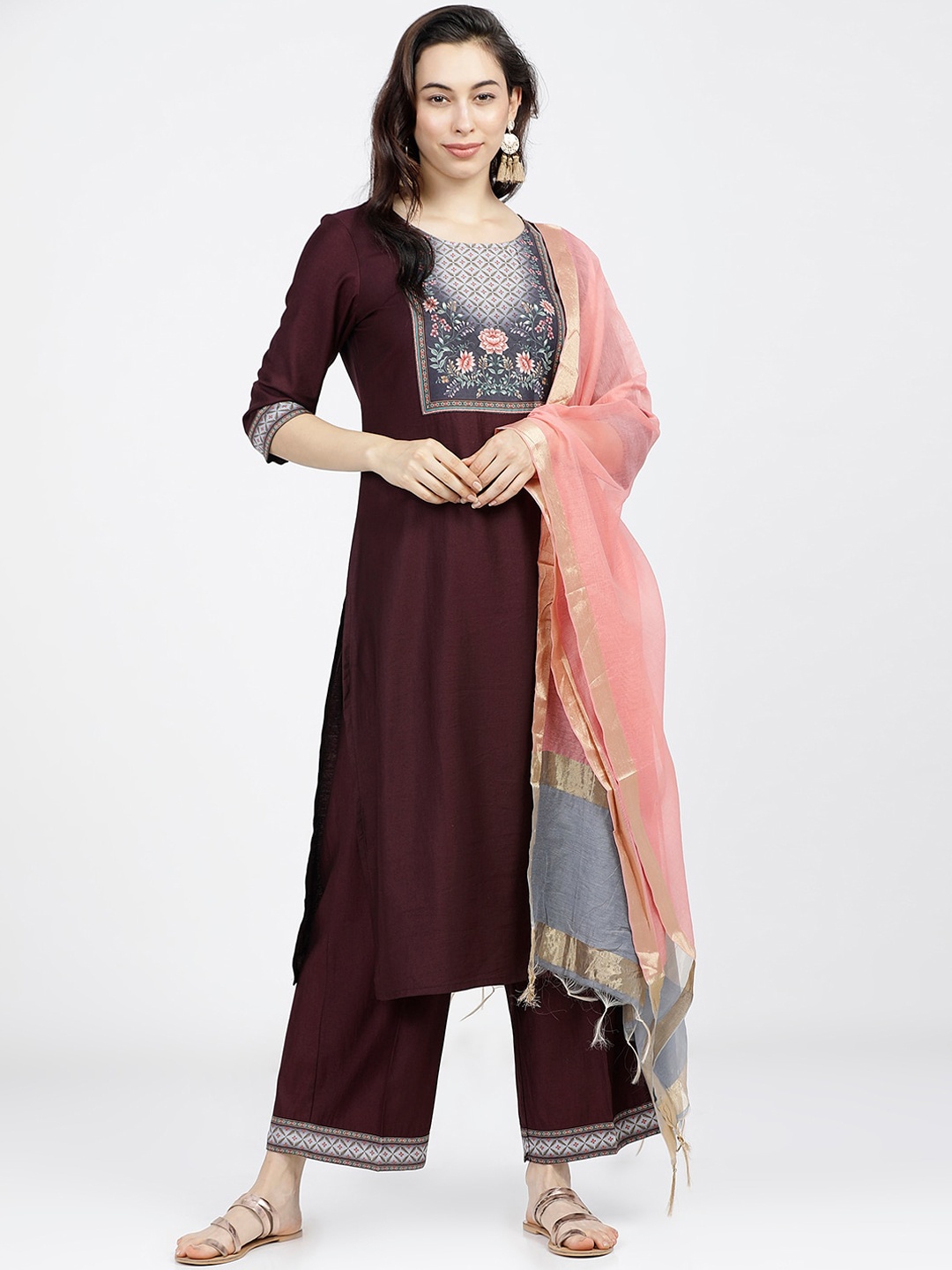 

Vishudh Women Maroon Ethnic Motifs Yoke Design Regular Kurta with Palazzos & Dupatta