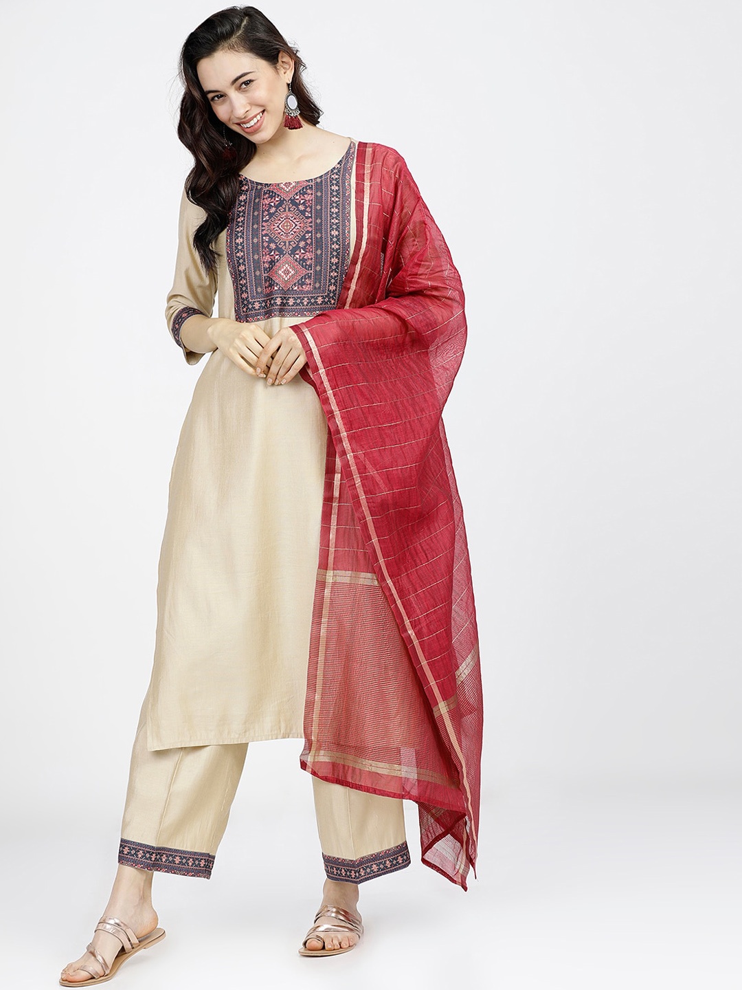 

Vishudh Women Beige & Red Ethnic Motifs Empire Kurta With Trousers & Dupatta