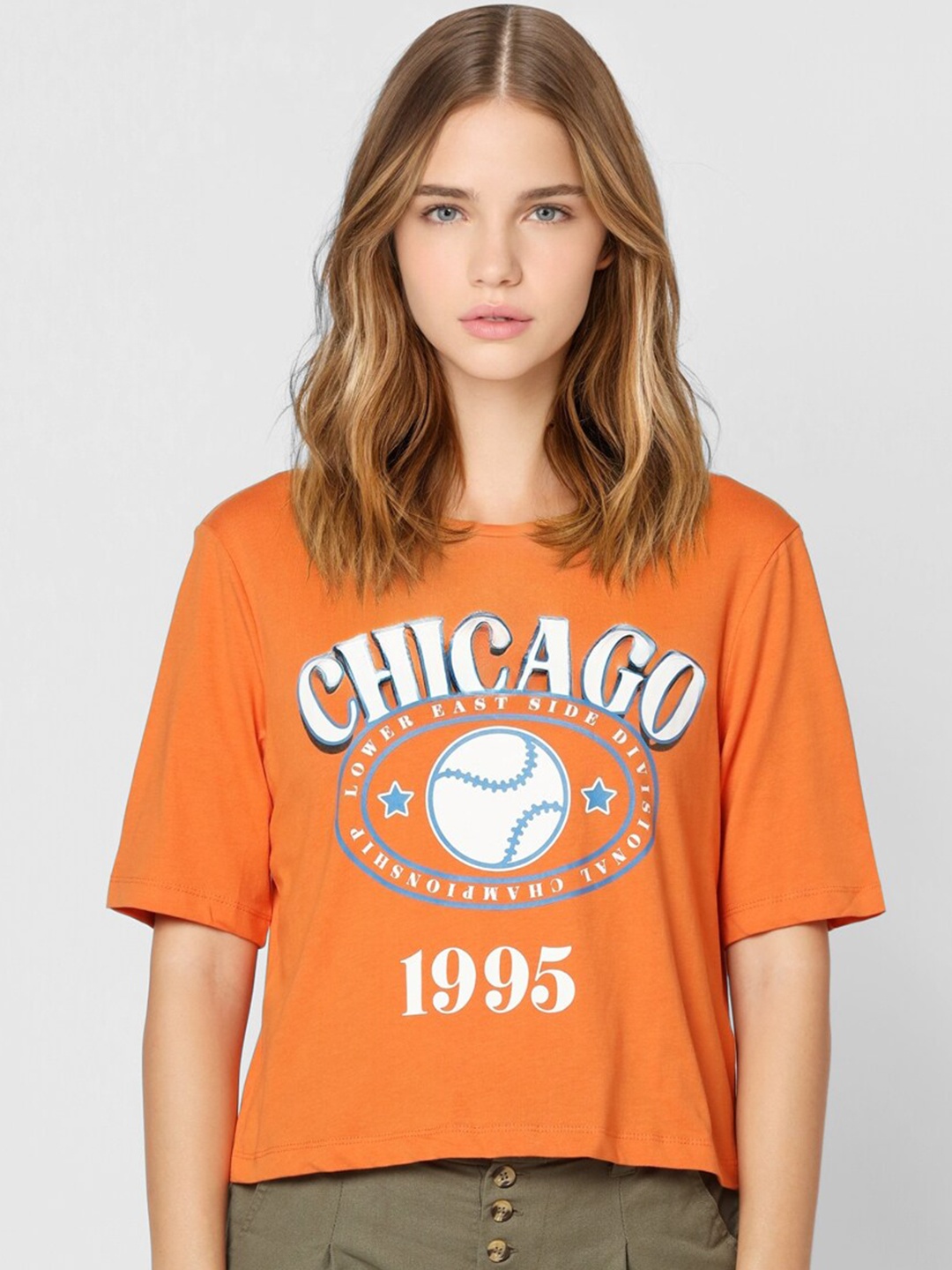 

ONLY Women Orange & White Typography Printed T-shirt
