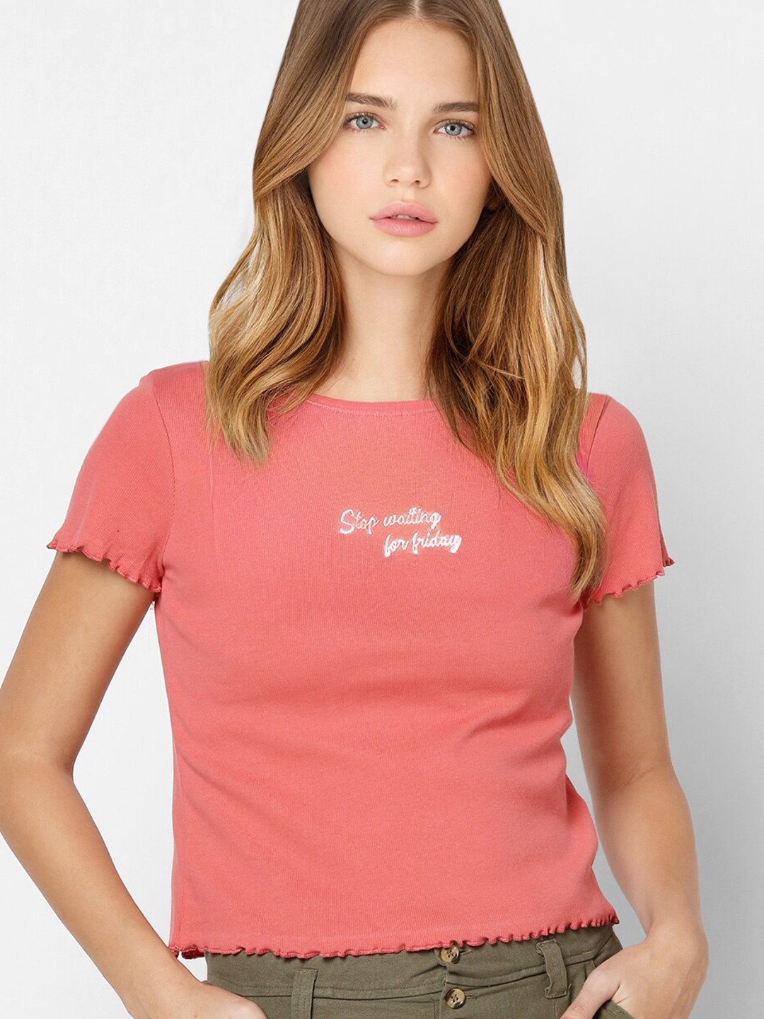

ONLY Women Pink V-Neck Pockets T-shirt