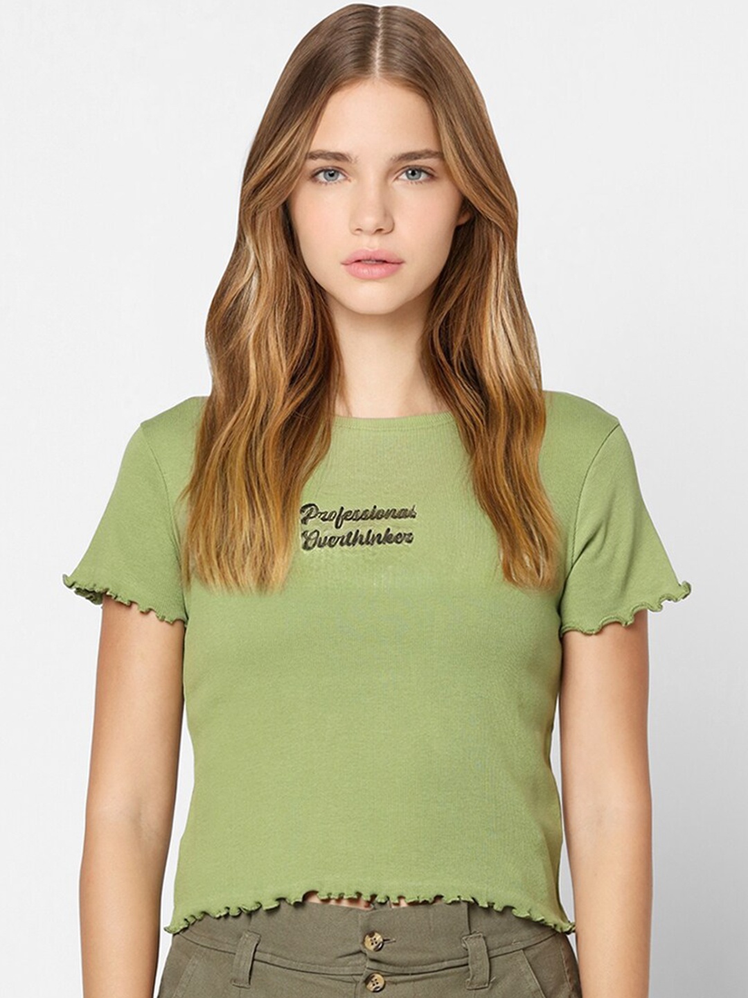 

ONLY Women Green & Black Typography Printed T-shirt