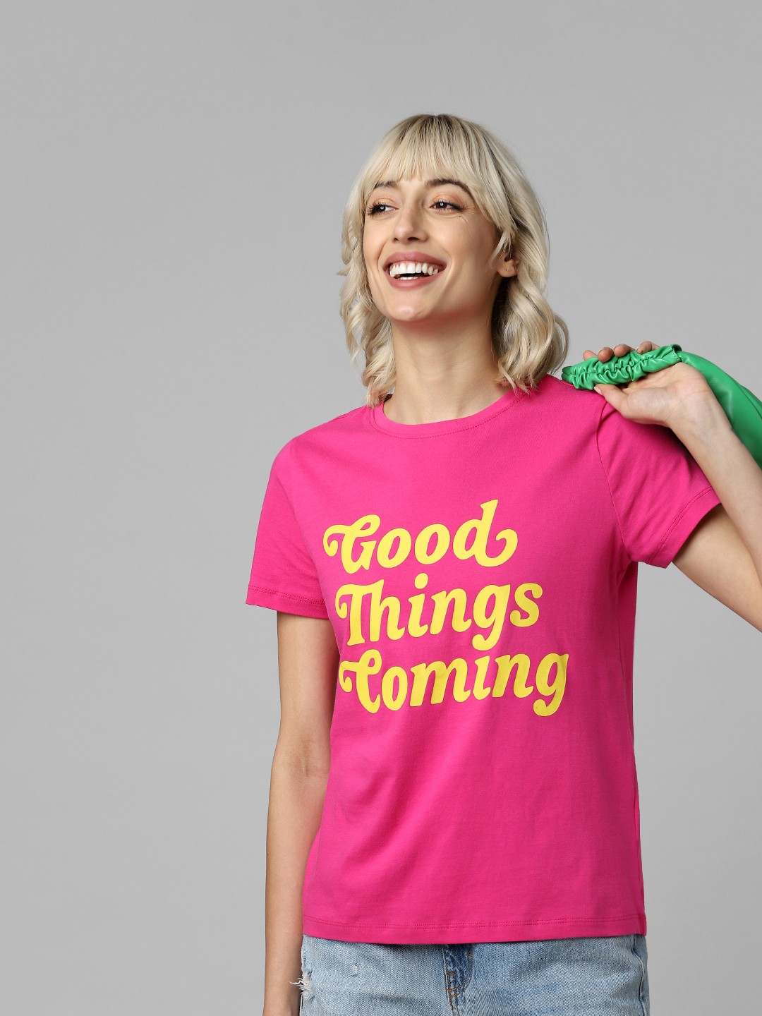 

ONLY Women Pink Typography Printed Pockets T-shirt