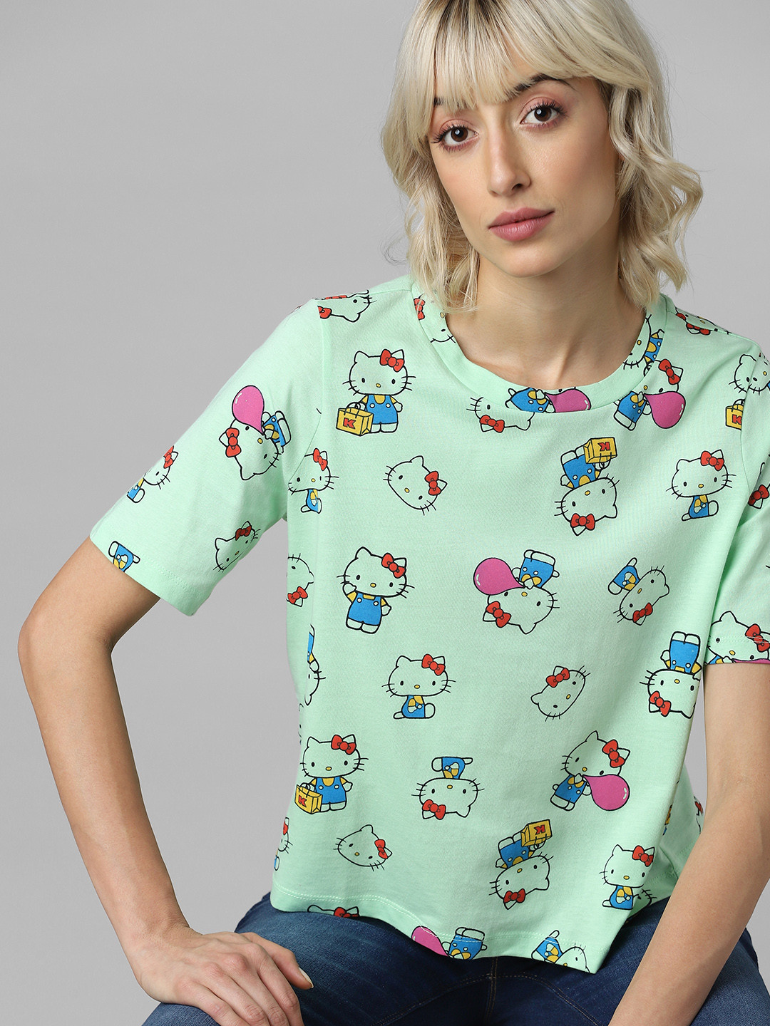 

ONLY Women Green & Pink Hello Kitty Printed T-shirt