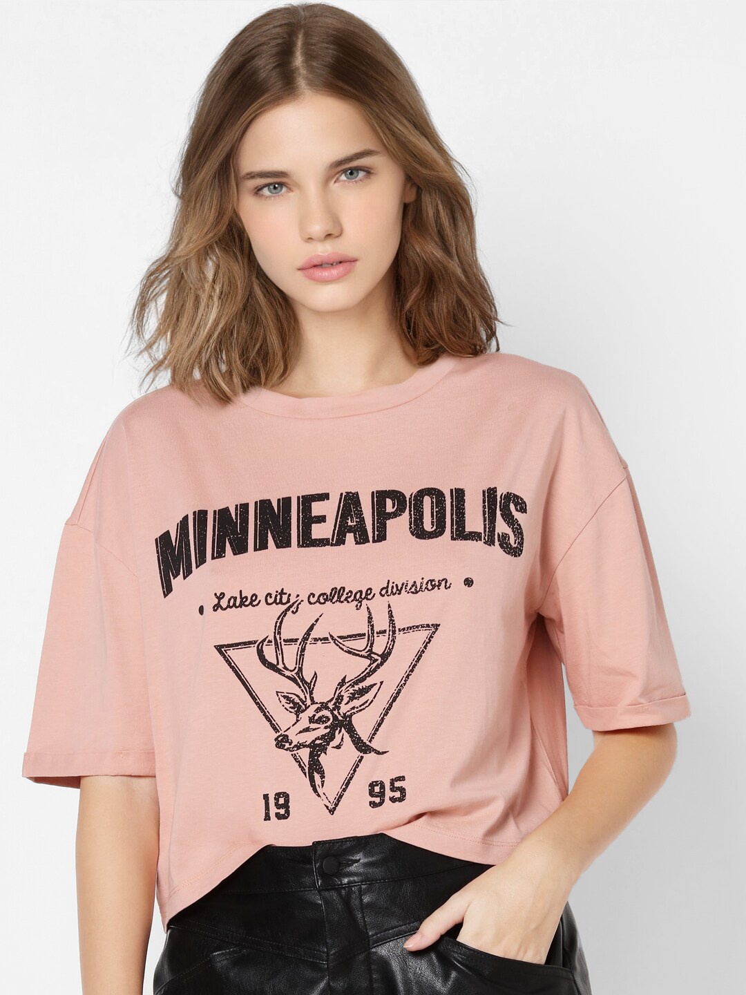 

ONLY Women Pink Printed Drop-Shoulder Sleeves Boxy T-shirt