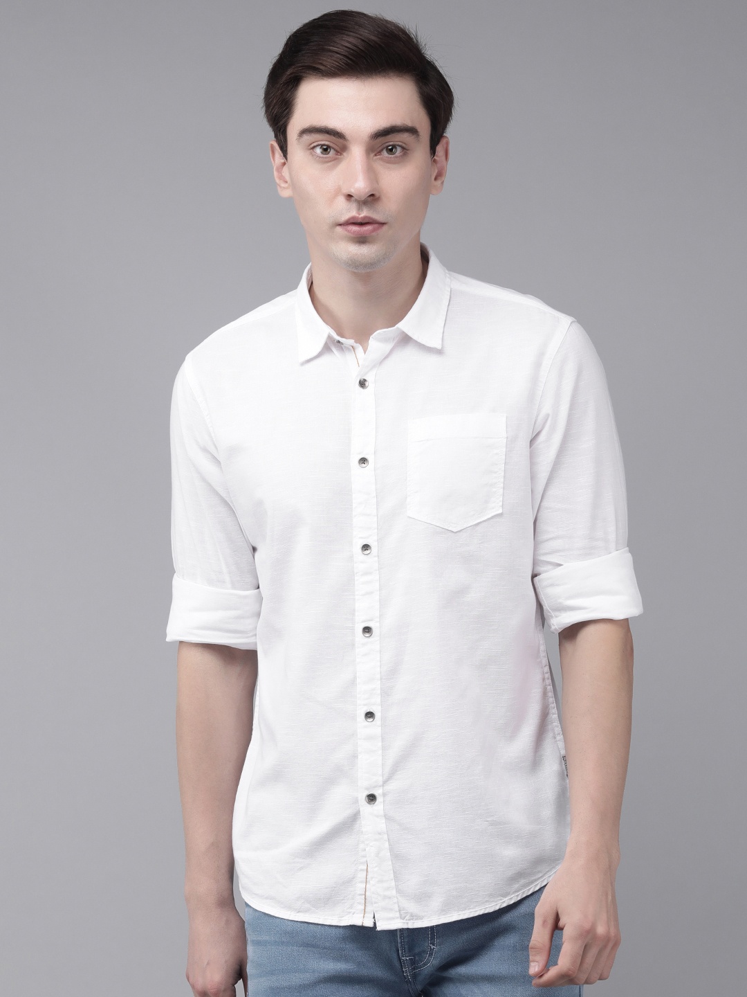 

BEAT LONDON by PEPE JEANS Men White Solid Slim Fit CAVIN LS Casual Shirt