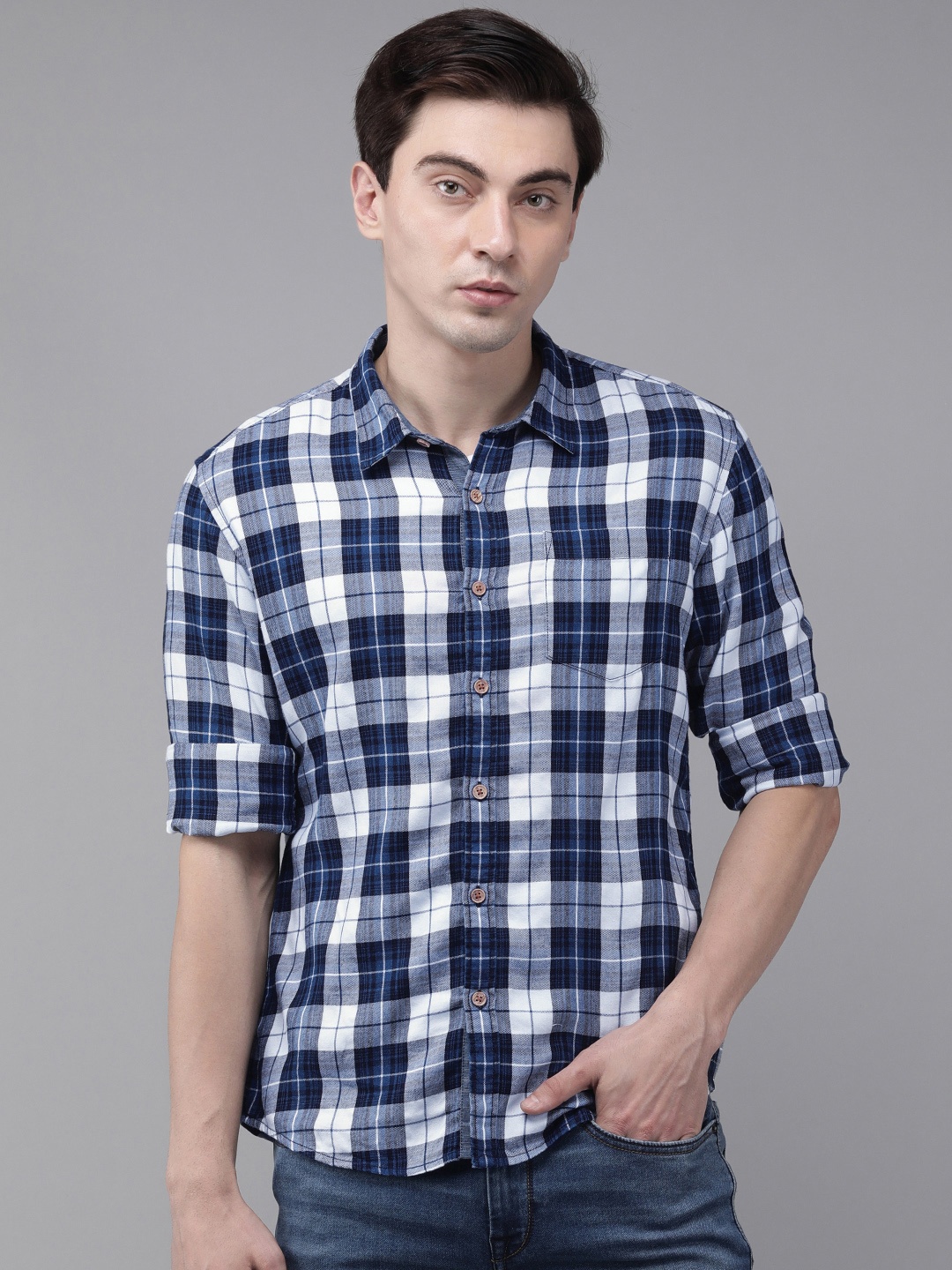 

BEAT LONDON by PEPE JEANS Men Blue Slim Fit Tartan Checked Opaque Casual Shirt