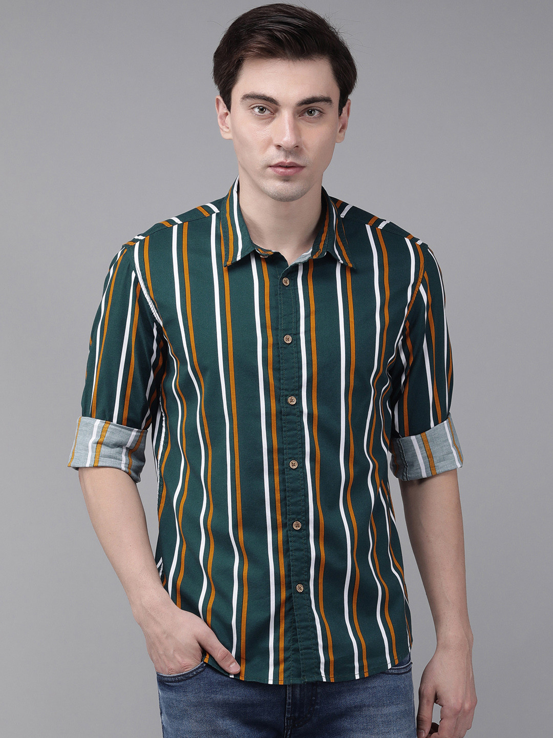 

BEAT LONDON by PEPE JEANS Men Yellow Slim Fit Opaque Striped Casual Shirt