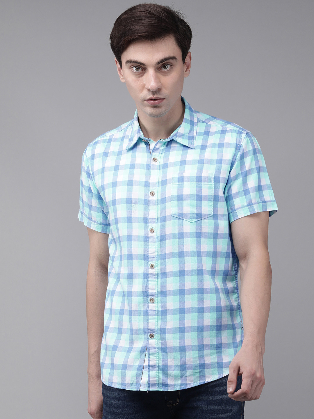 

BEAT LONDON by PEPE JEANS Men Blue & Green Slim Fit Gingham Checked Cotton Casual Shirt