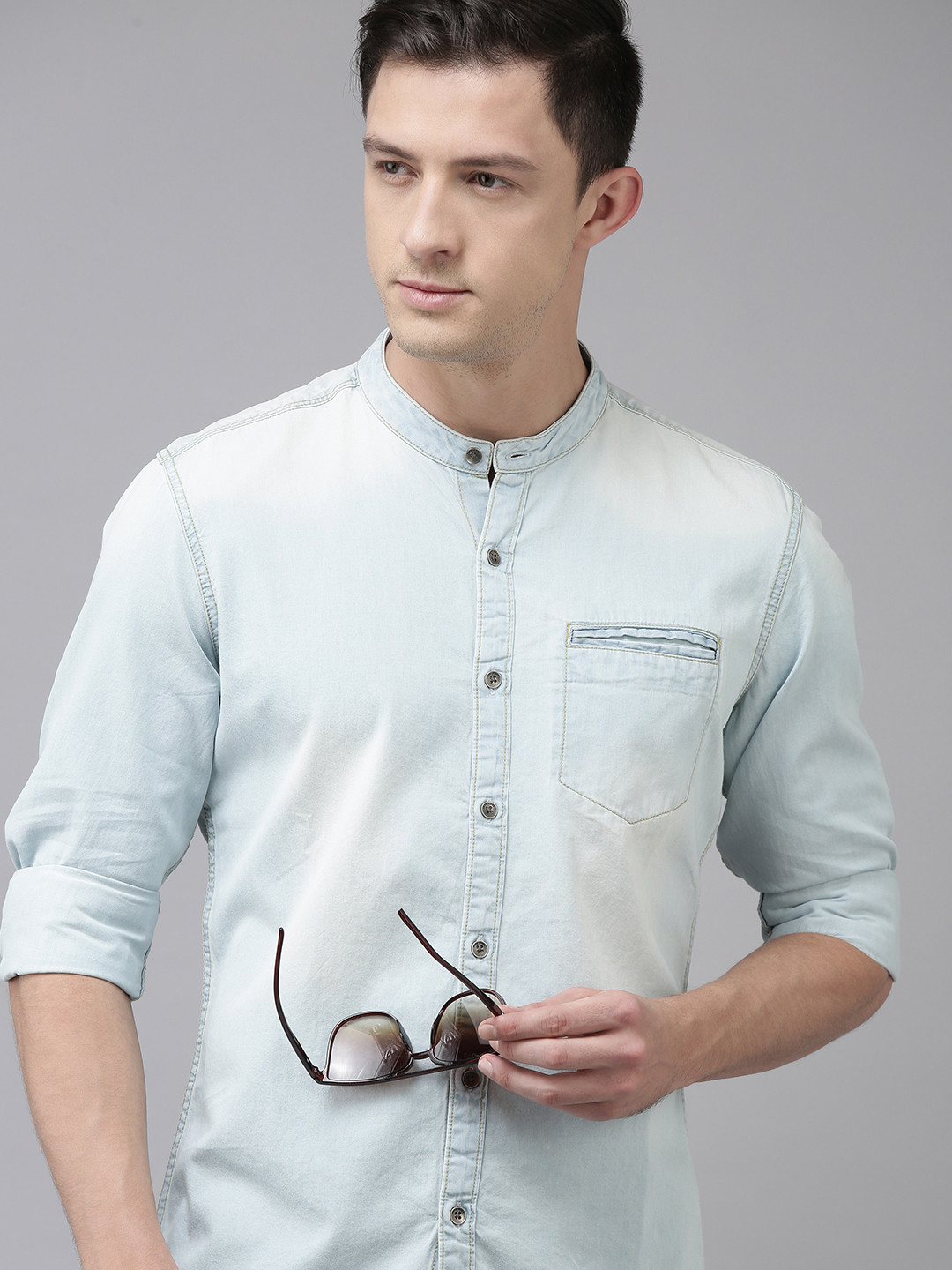 

BEAT LONDON by PEPE JEANS Men Blue Slim Fit Pure Cotton Faded Casual Shirt