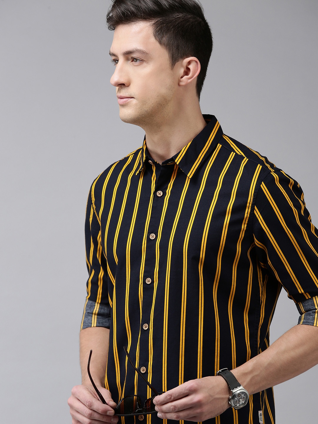 

BEAT LONDON by PEPE JEANS Men Yellow Slim Fit Striped Pure Cotton Casual Shirt