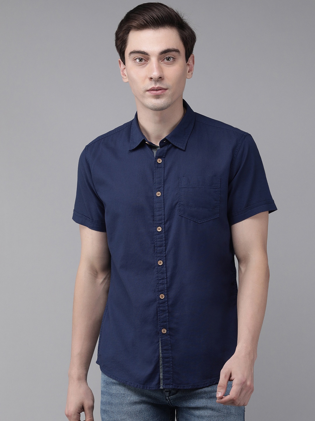 

BEAT LONDON by PEPE JEANS Men Navy Blue Slim Fit Pure Cotton Casual Shirt