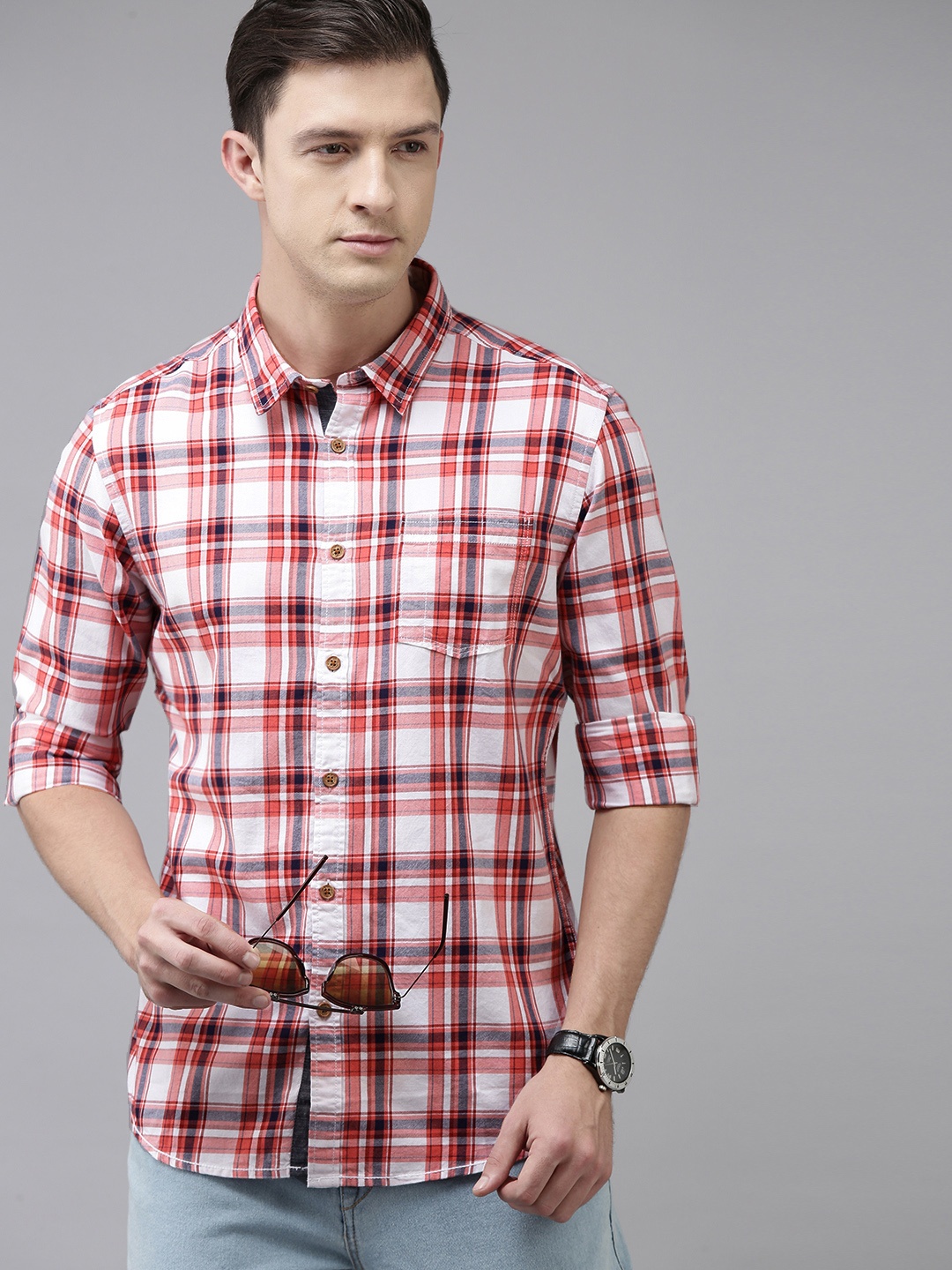 

BEAT LONDON by PEPE JEANS Men Red Slim Fit Tartan Checked Pure Cotton Casual Shirt