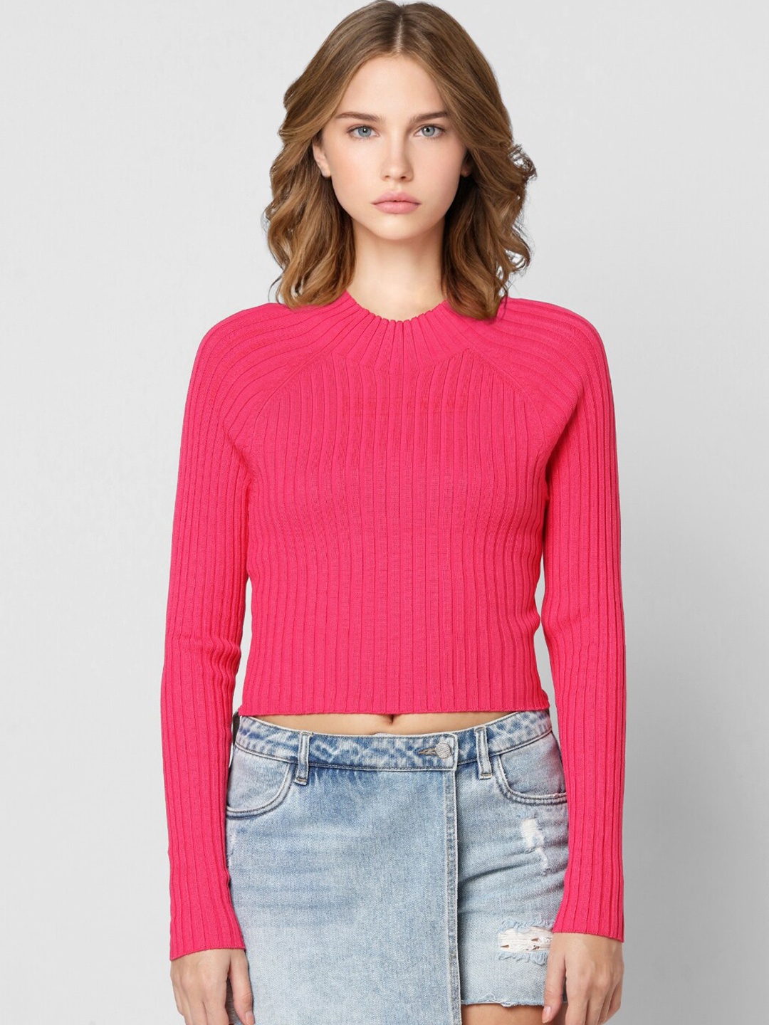 

ONLY Women Pink Self Design Crop Pullover