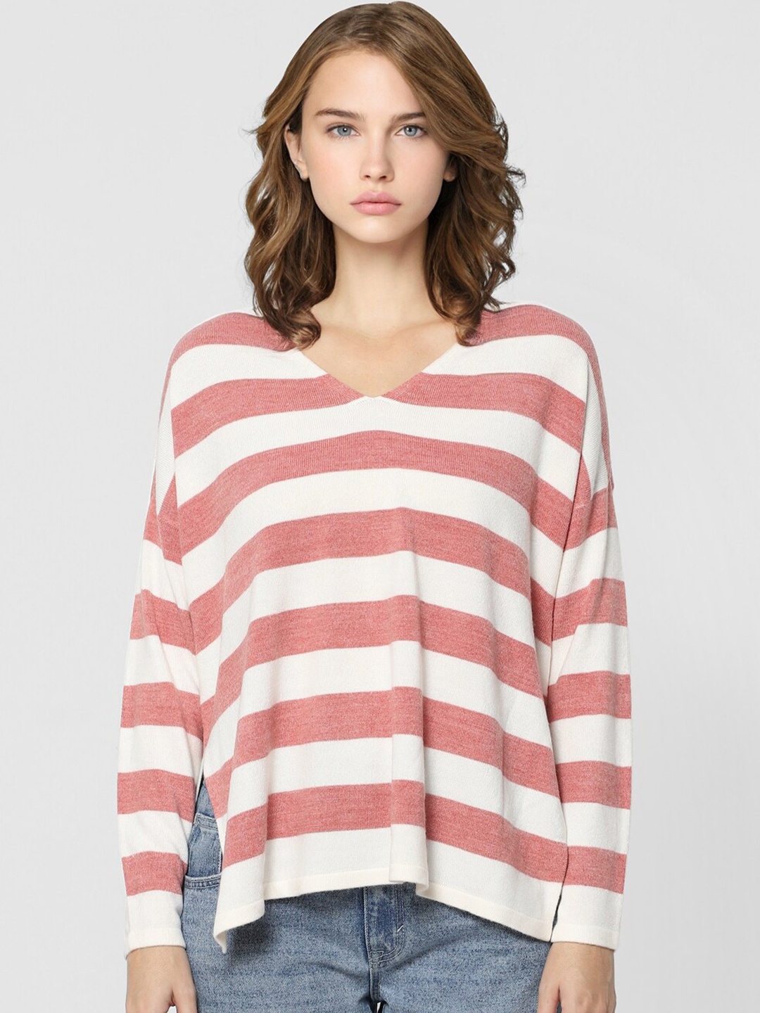 

ONLY Women Pink & White Striped Pullover