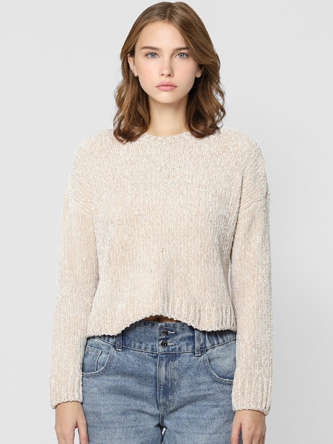 

ONLY Women Off White Ribbed Knit Crop Pullover Sweater