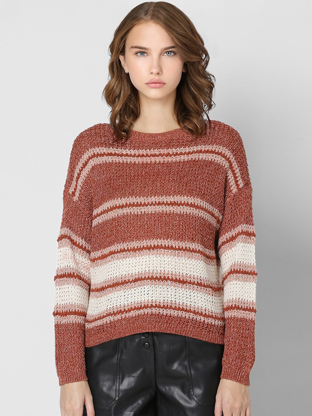 

ONLY Women Brown & White Striped Pullover