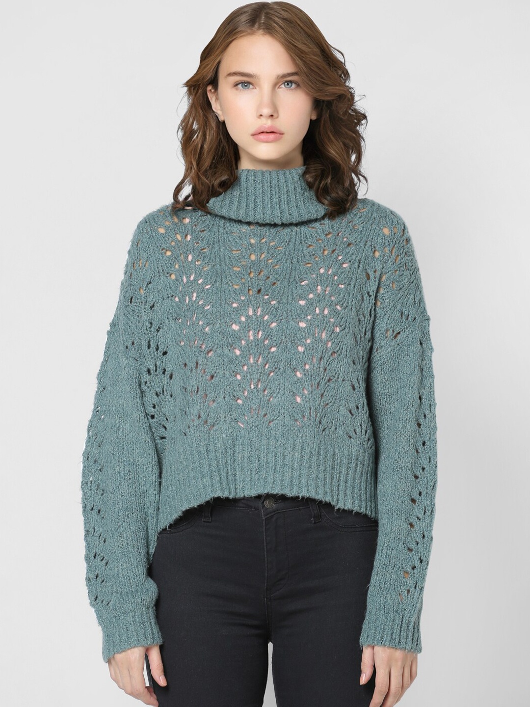 

ONLY Women Teal Blue Self Design Pullover
