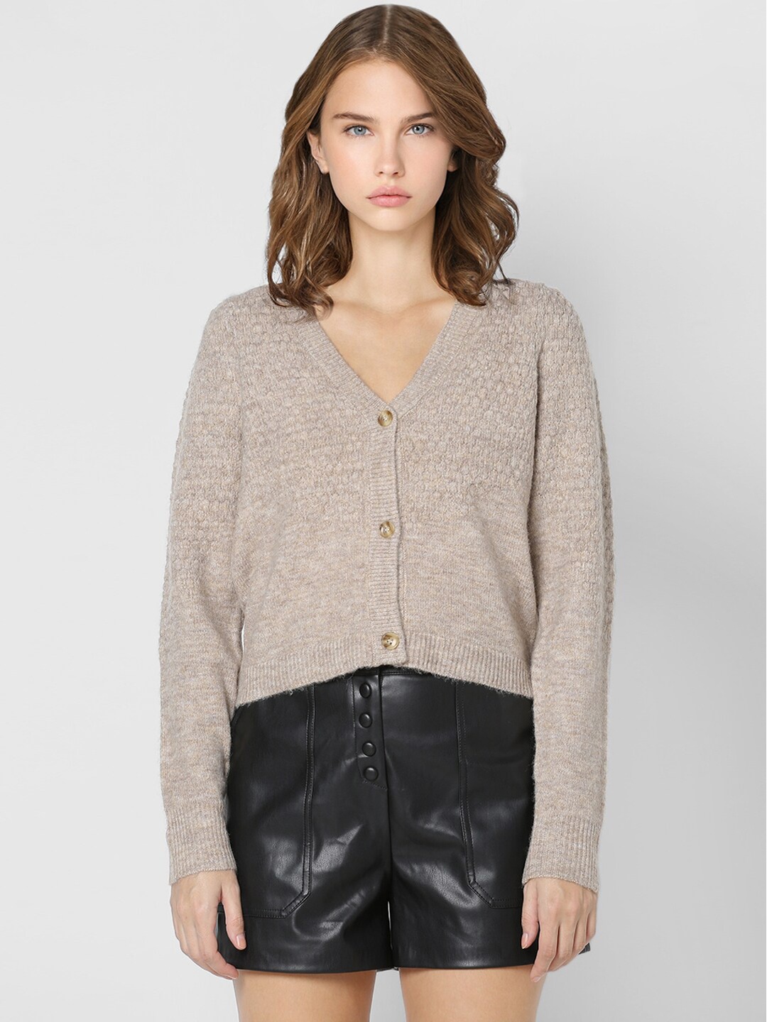

ONLY Women Beige Cable Knit Crop Acrylic Blend Cardigan