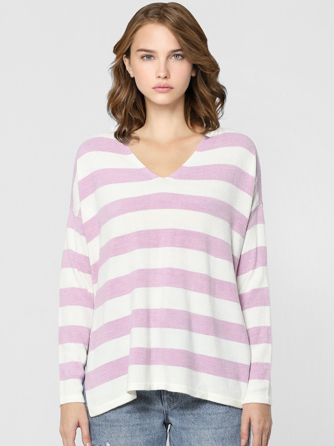 

ONLY Women Pink & White Striped Acrylic Pullover