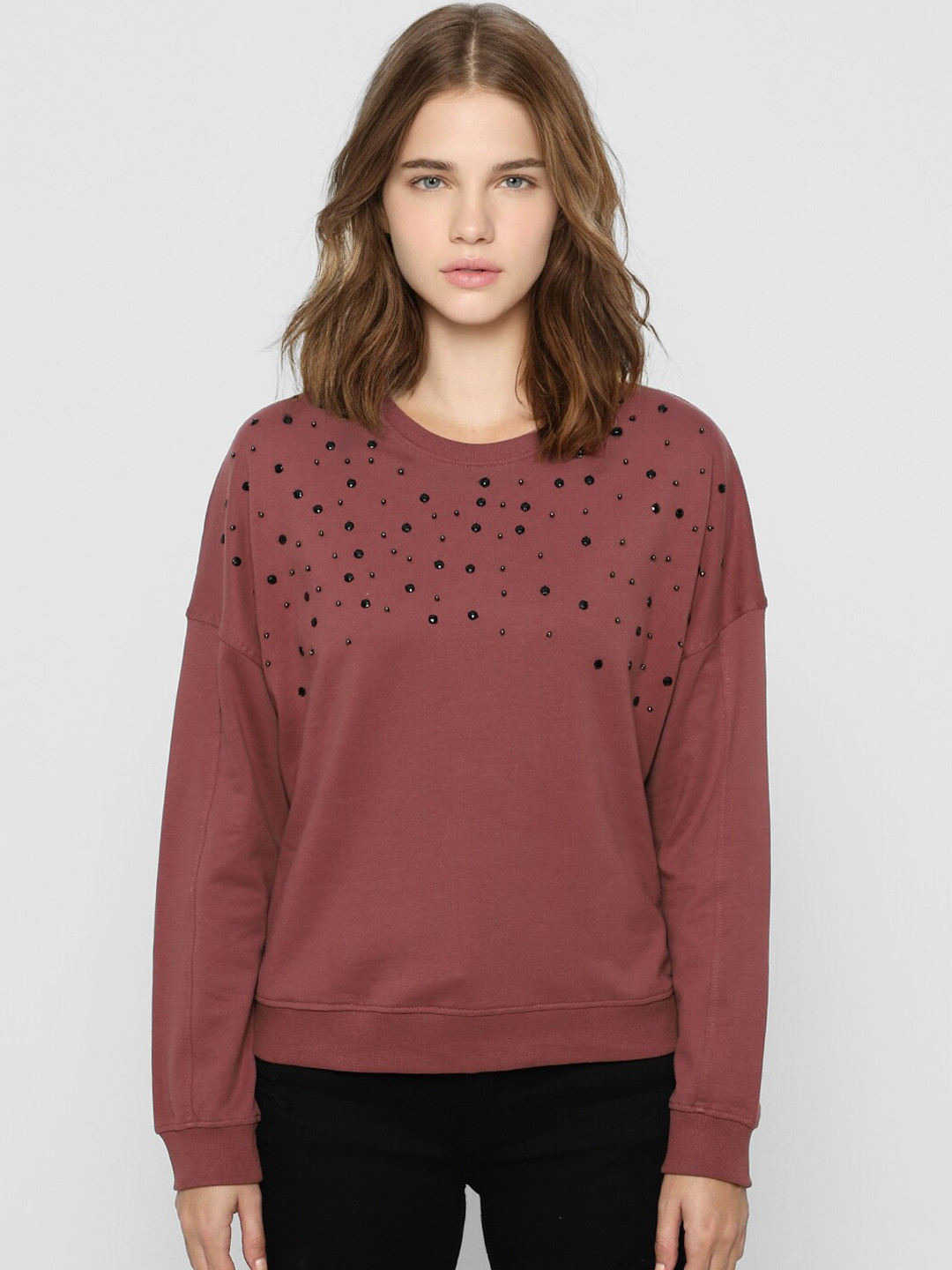 

ONLY Women Brown & Black Embellished Pullover Sweatshirt