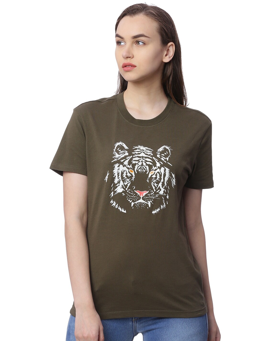 Wolfpack Women Olive Green Tiger Printed T-Shirt