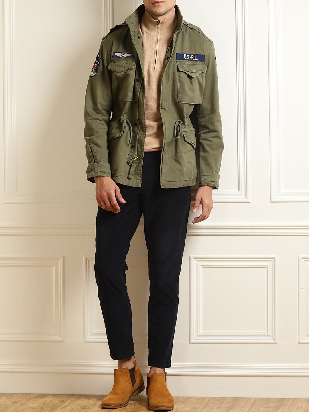 

Polo Ralph Lauren Men Green Longline Open Front Jacket with Patchwork
