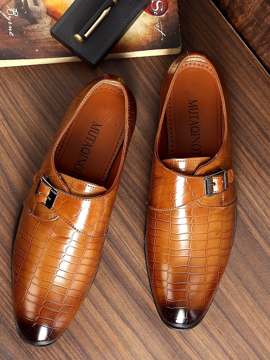 

MUTAQINOTI Men Tan Textured Patent Leather Derbys
