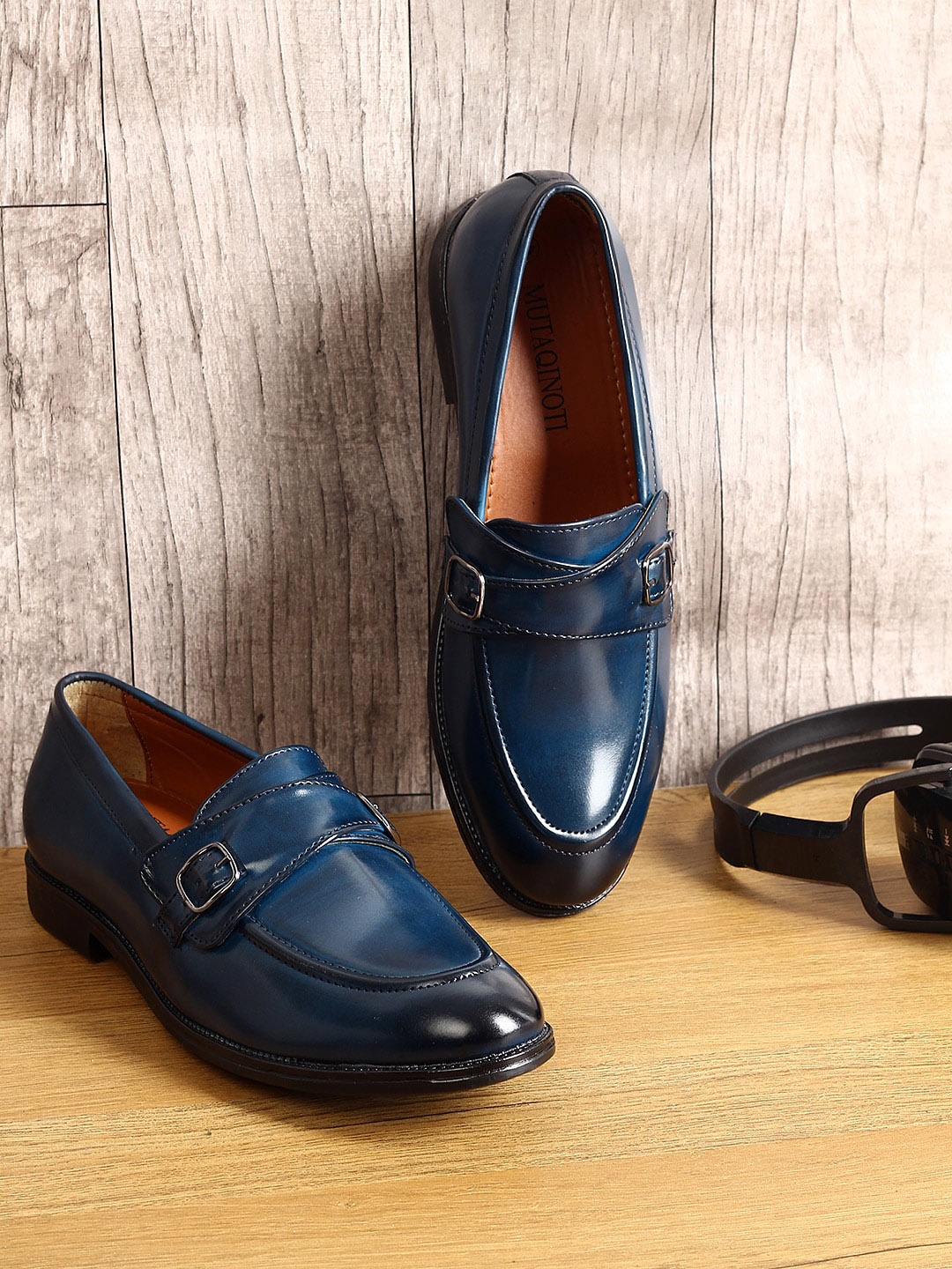 

MUTAQINOTI Men Patent Leather Cross Monks, Blue
