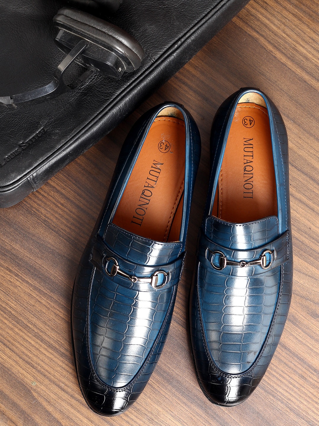 

MUTAQINOTI Men Blue Striped Patent Leather Loafers