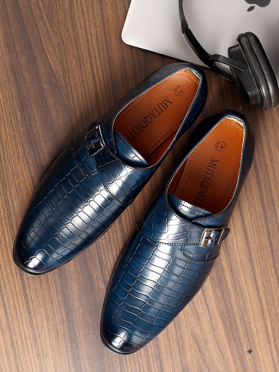 

MUTAQINOTI Men Blue Textured Leather Monks