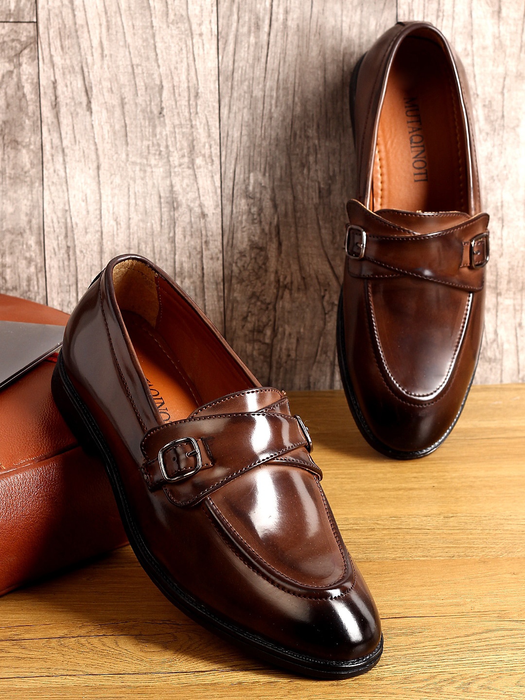 

MUTAQINOTI Men Brown Patent Leather Cross Monk