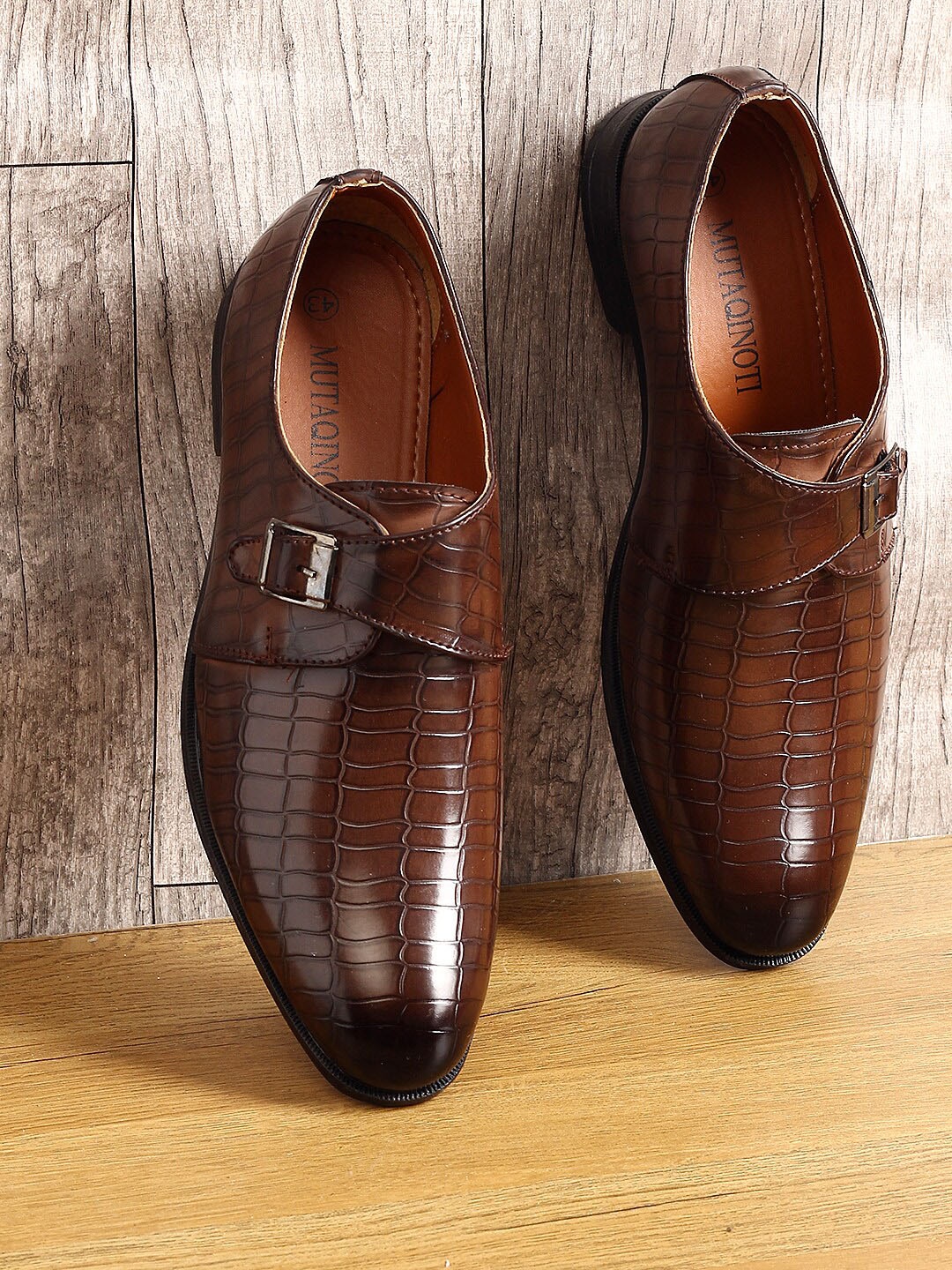 

MUTAQINOTI Men Brown Textured Patent Leather Monks