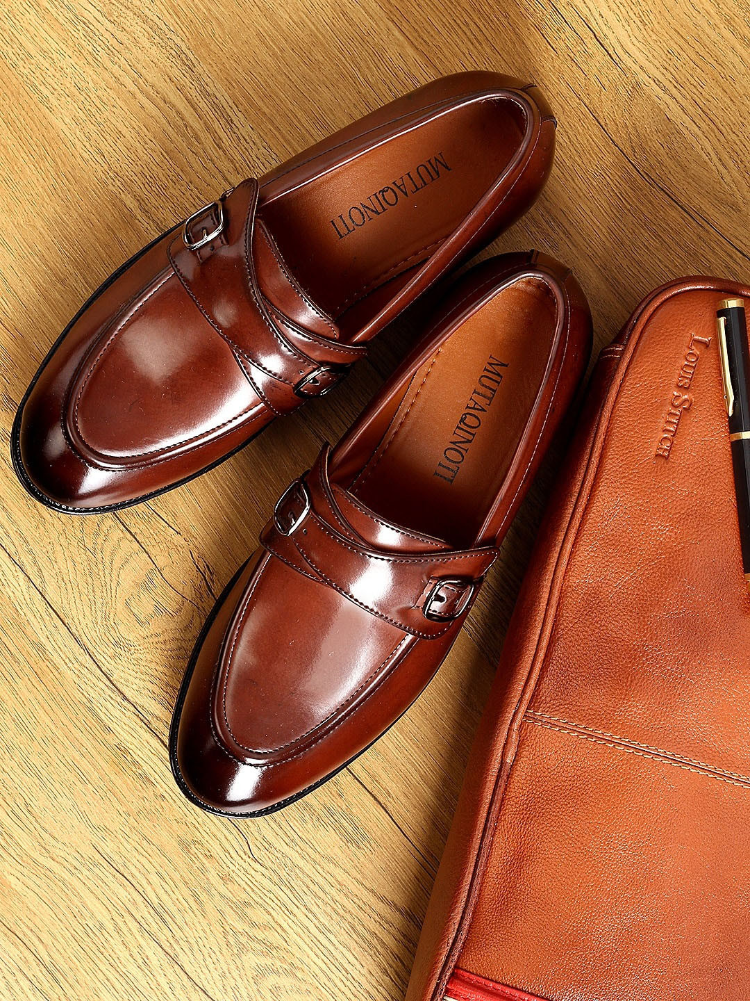

MUTAQINOTI Men Red Patent Leather Cross Monk