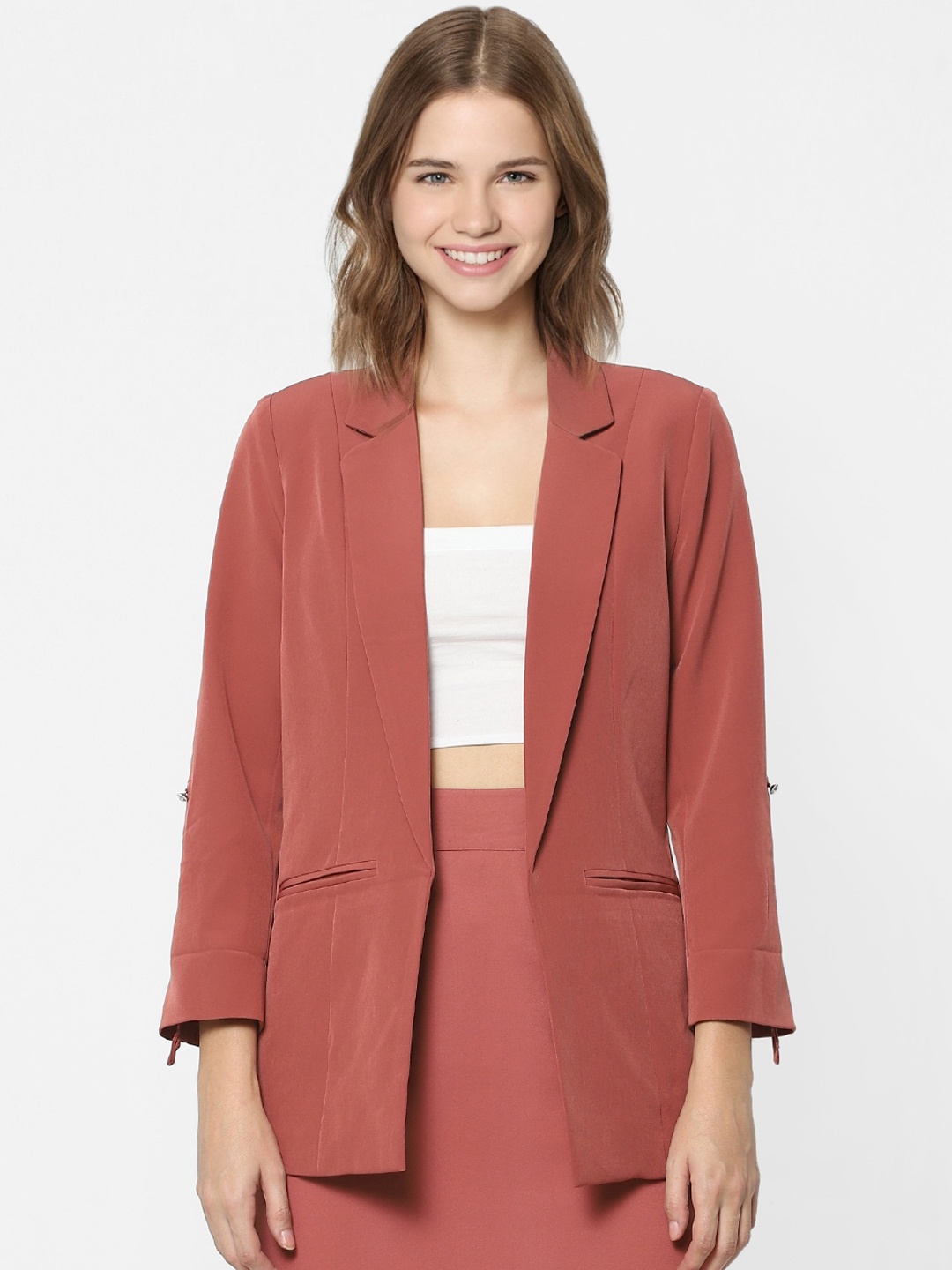 

ONLY Women Rust Brown Solid Open-Front Casual Blazer