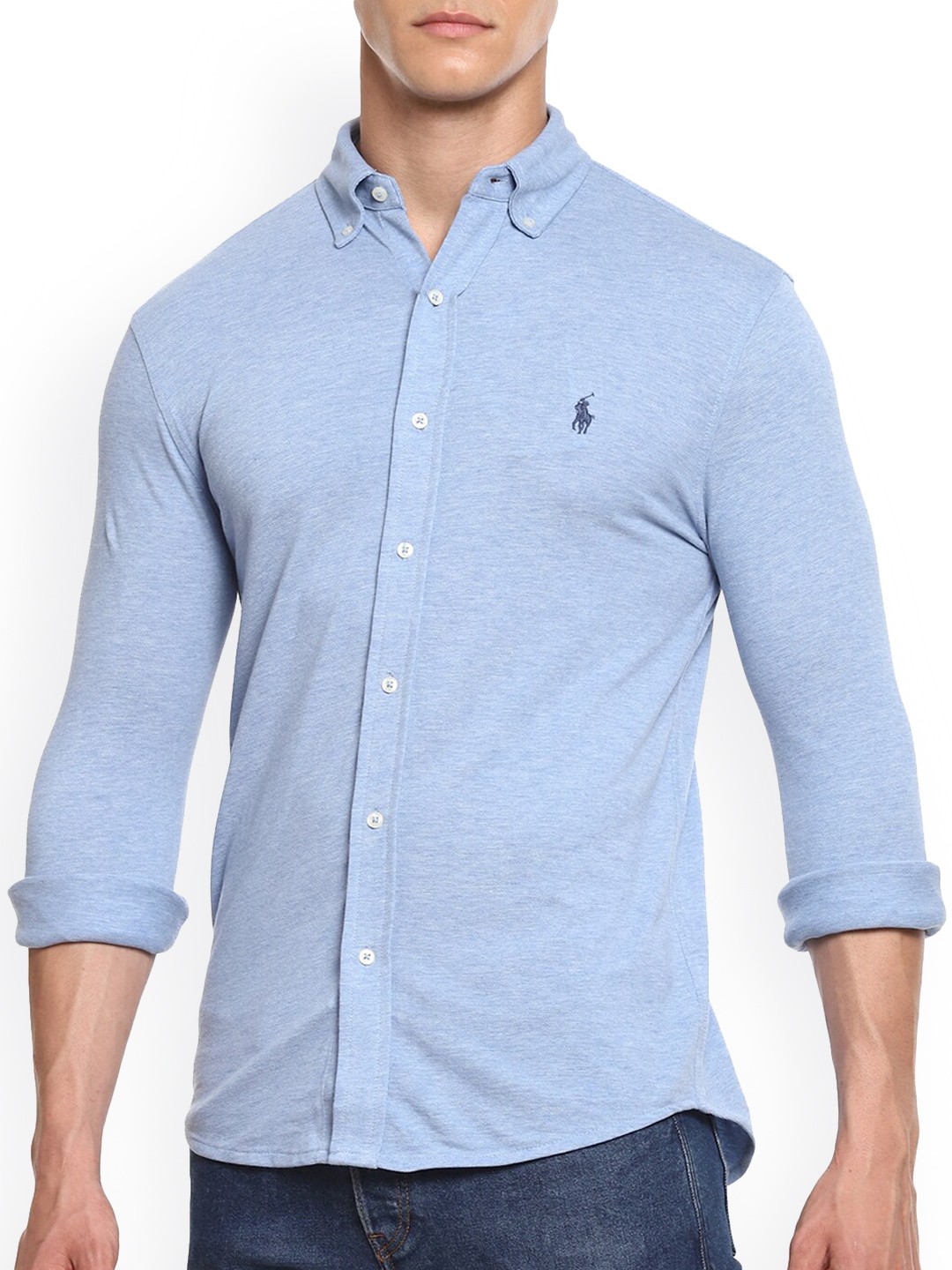 

Polo Ralph Lauren Men Blue Solid Heathered Casual Shirt