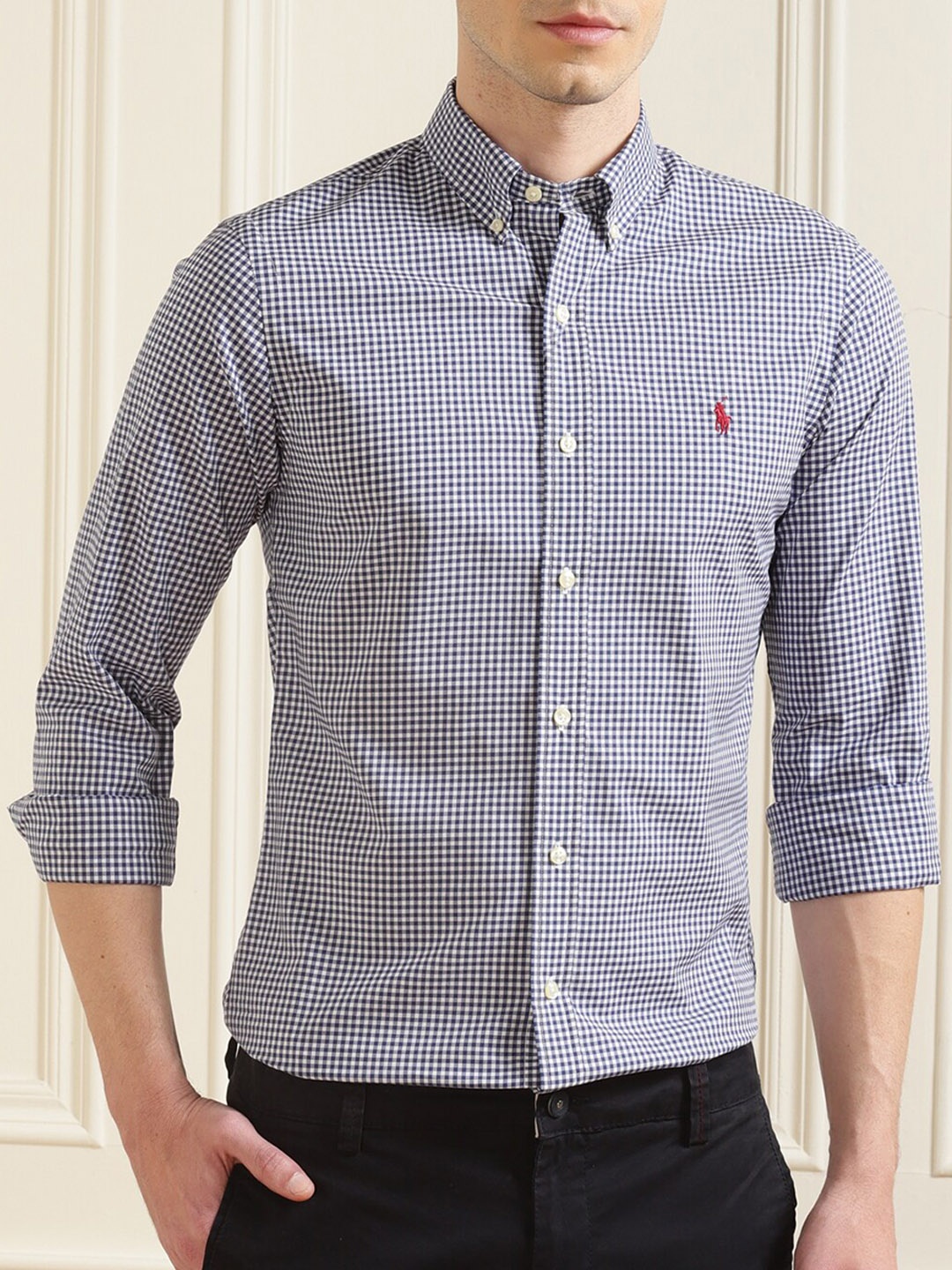 

Polo Ralph Lauren Men Navy Blue Gingham Checks Opaque Checked Casual Shirt
