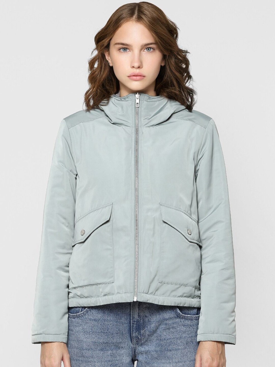 

ONLY Women Blue Solid Hooded Bomber Jacket