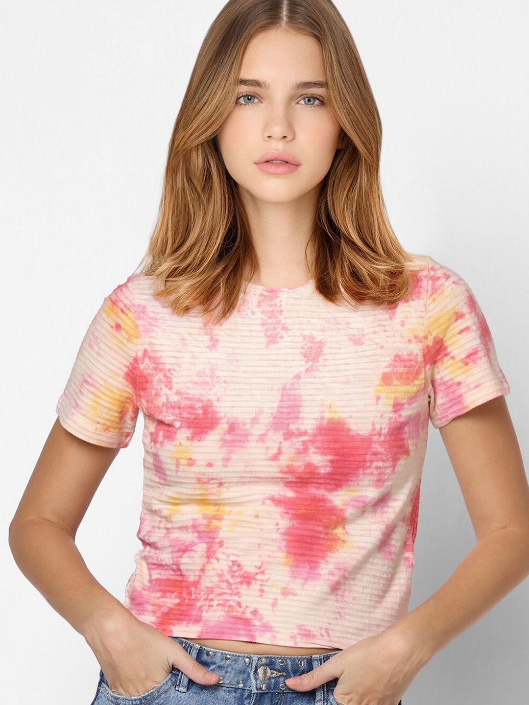 

ONLY Women Pink Tie and Dye Cotton T-shirt