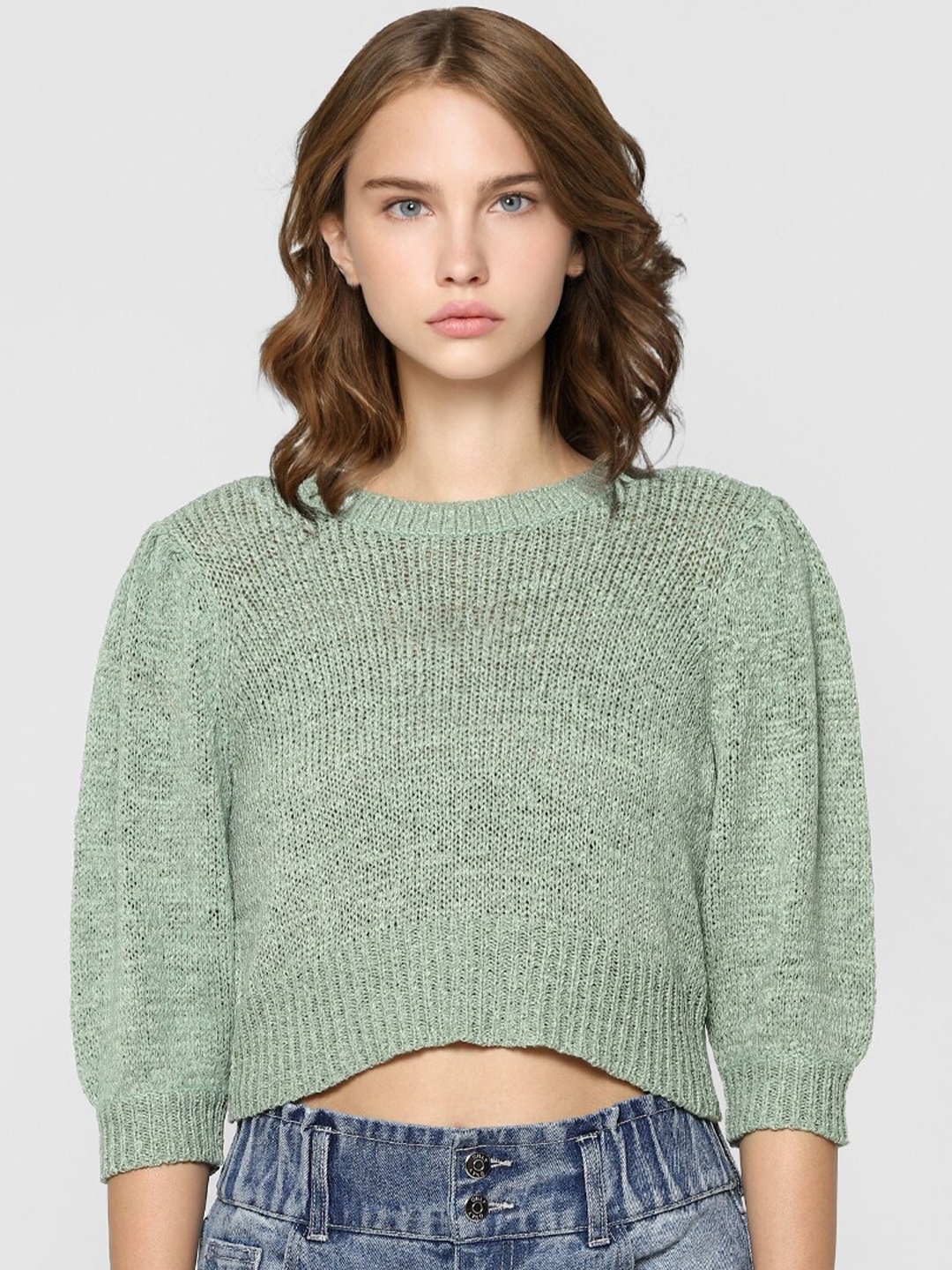 

ONLY Women Green Ribbed Crop Pullover