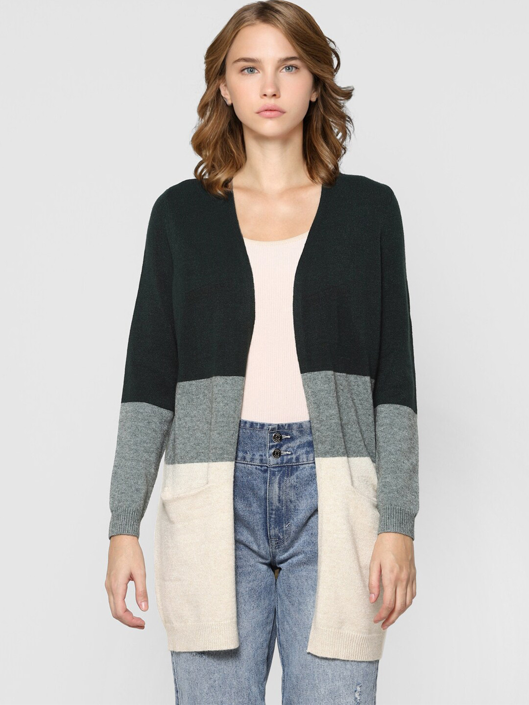 

ONLY Women Grey & Black Striped Colourblocked Longline Front-Open