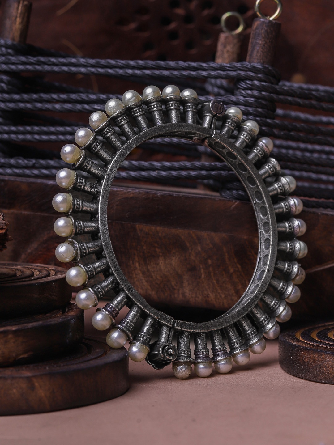 

DIVA WALK Women Silver-Toned & White Handcrafted Silver-Plated Bangle-Style Bracelet