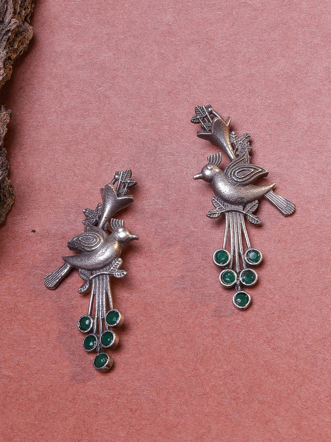

DIVA WALK Silver-Toned & Green Contemporary Drop Earrings