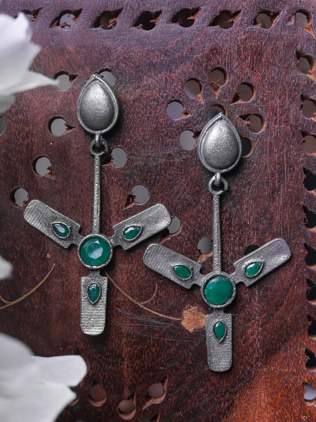 

DIVA WALK Silver-Toned & Green Quirky Drop Earrings