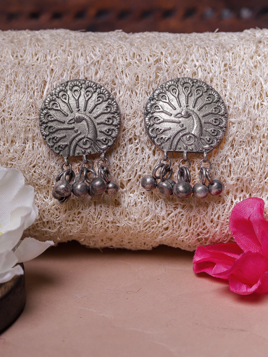 

DIVA WALK Silver-Toned Peacock Shaped Drop Earrings