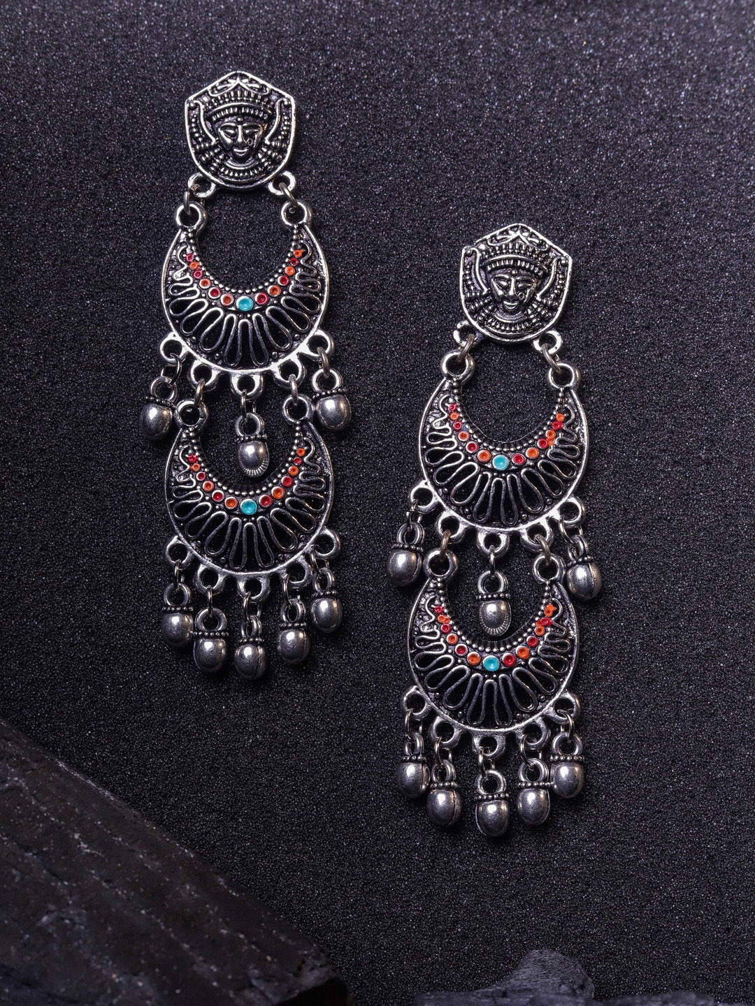 

DIVA WALK Silver-Toned & Orange Contemporary Chandbalis Earrings