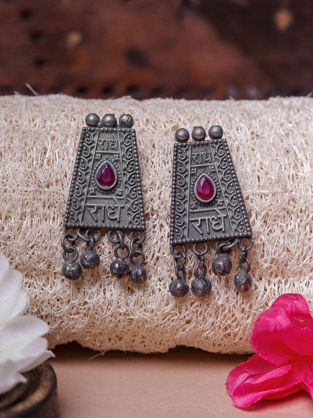 

DIVA WALK Silver-Toned & Maroon Geometric Drop Earrings