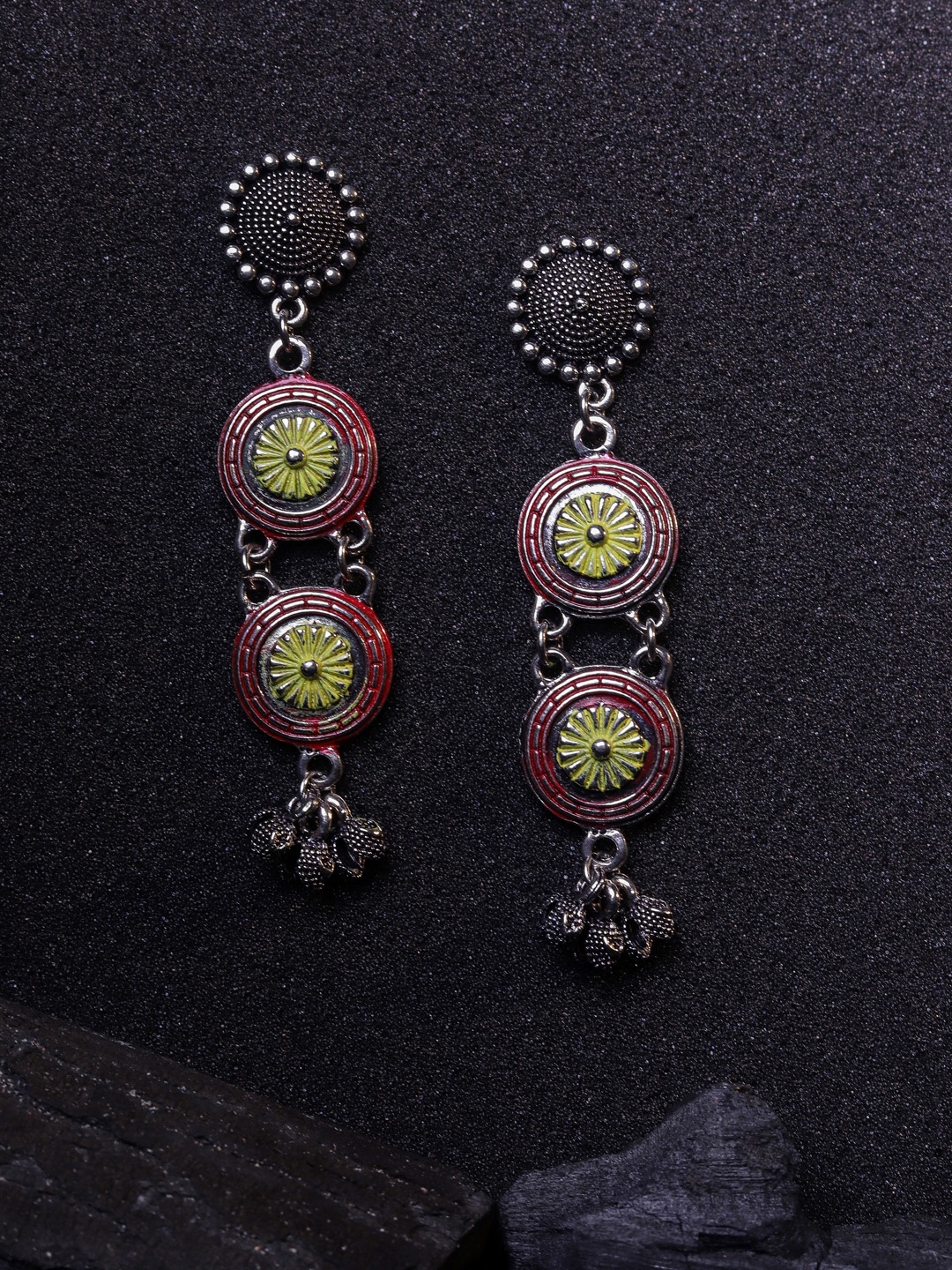 

DIVA WALK Silver-Toned & Red Contemporary Drop Earrings