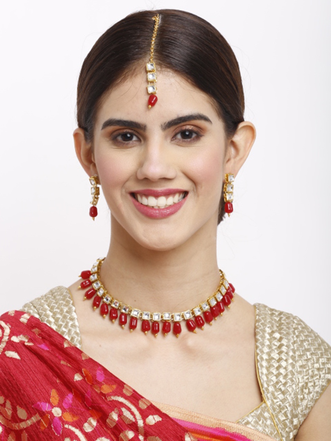

NEUDIS Gold-Plated Red & White Kundan-Studded Beaded Handcrafted Jewellery Set