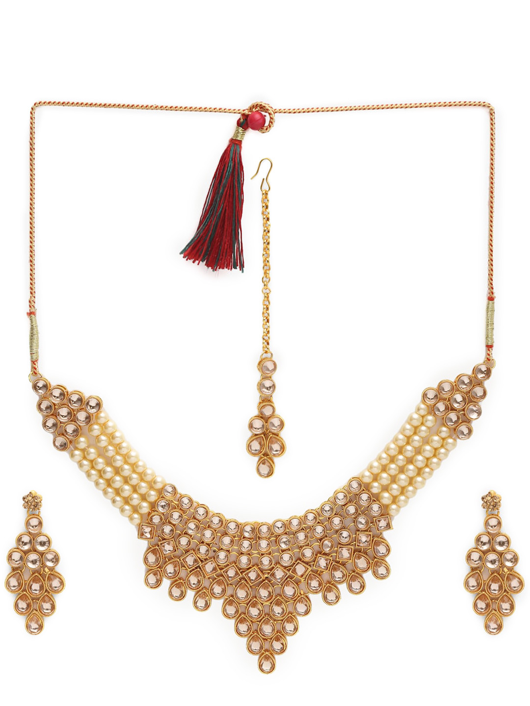 

NEUDIS Gold-Plated White Kundan-Studded Pearl Beaded Handcrafted Jewellery Set