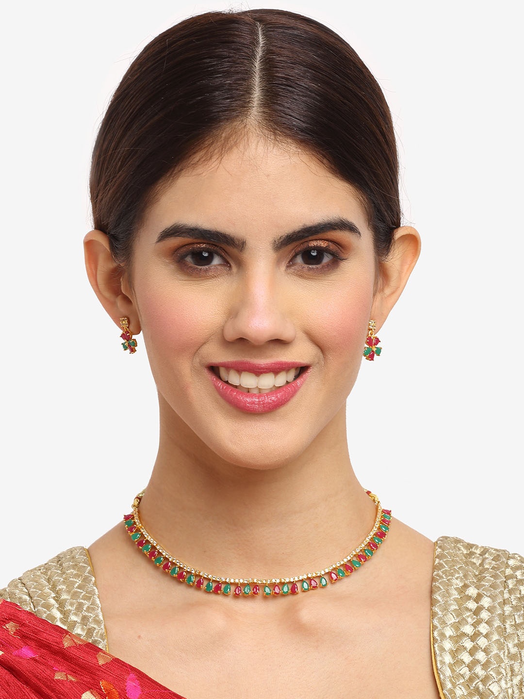 

NEUDIS Green & Red Gold-Plated Kundan Studded Handcrafted Jewellery Set